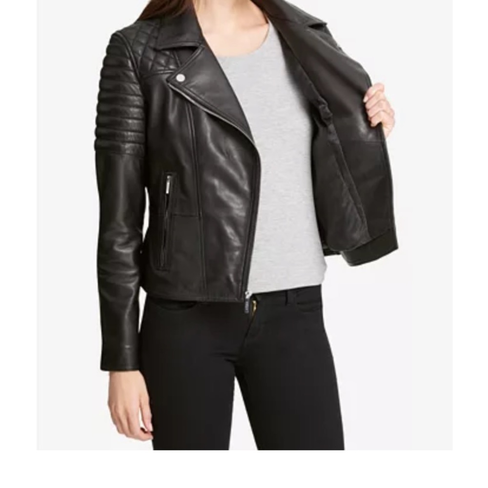 DKNY Quilted-Shoulder Leather Moto Jacket